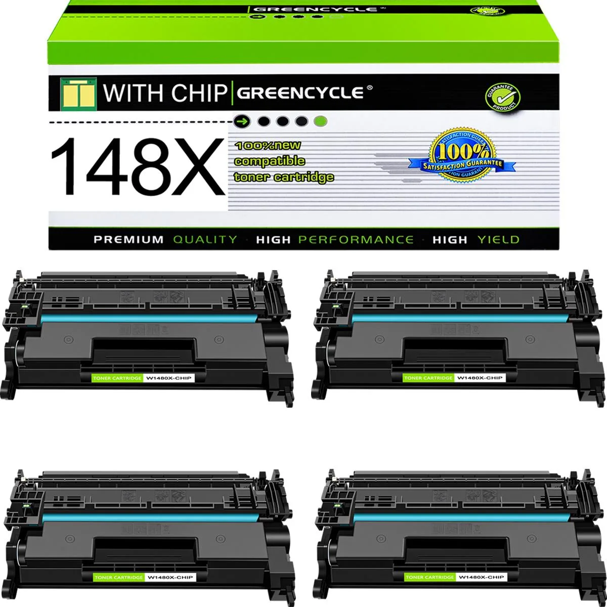 GREENCYCLE GREENCYCLE 148X W1480X Black Toner Cartridge 4 Pack 9500 Pages — product photo