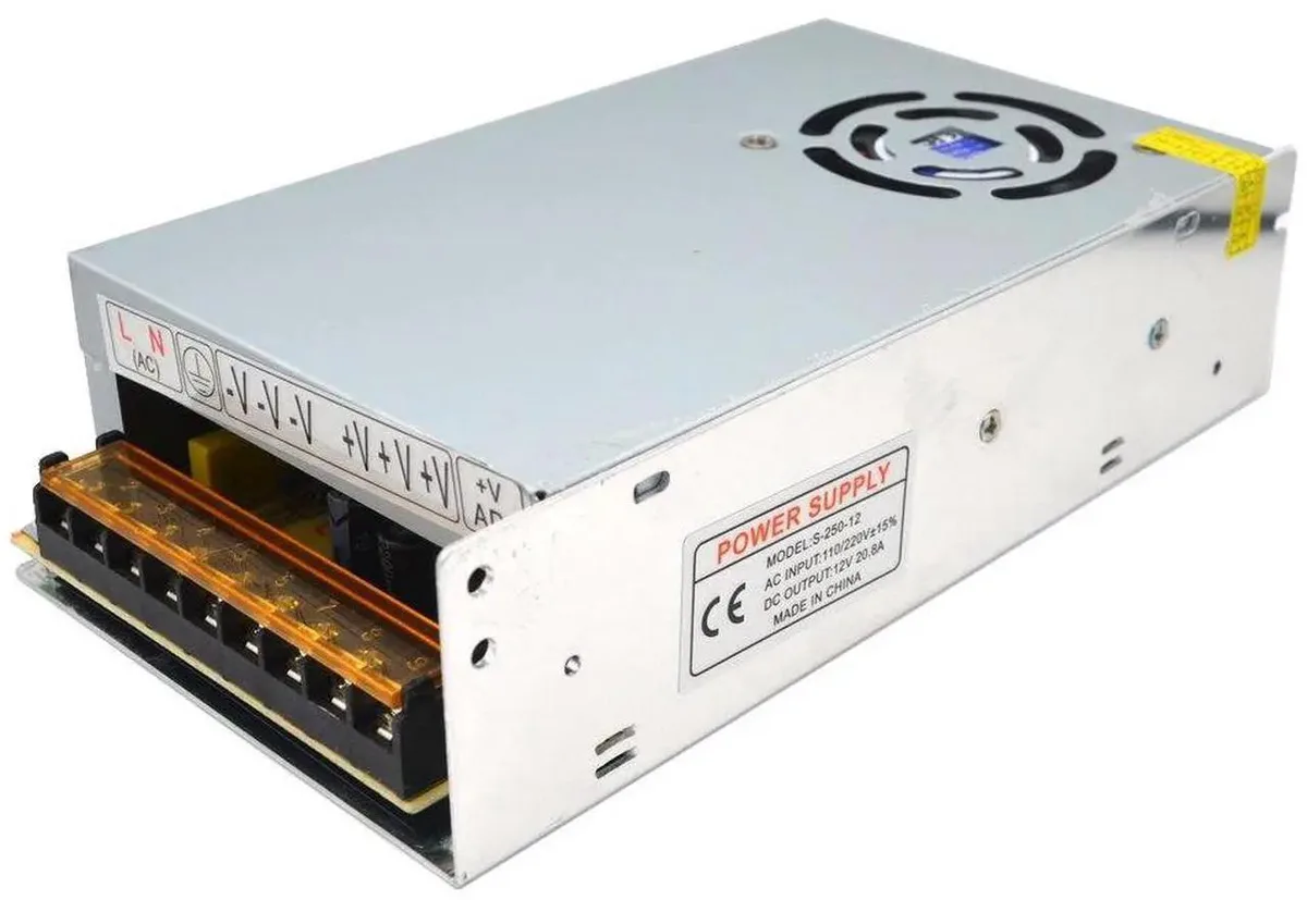 Silver aluminium rectangular switching power supply with voltage selector switch and screw terminals