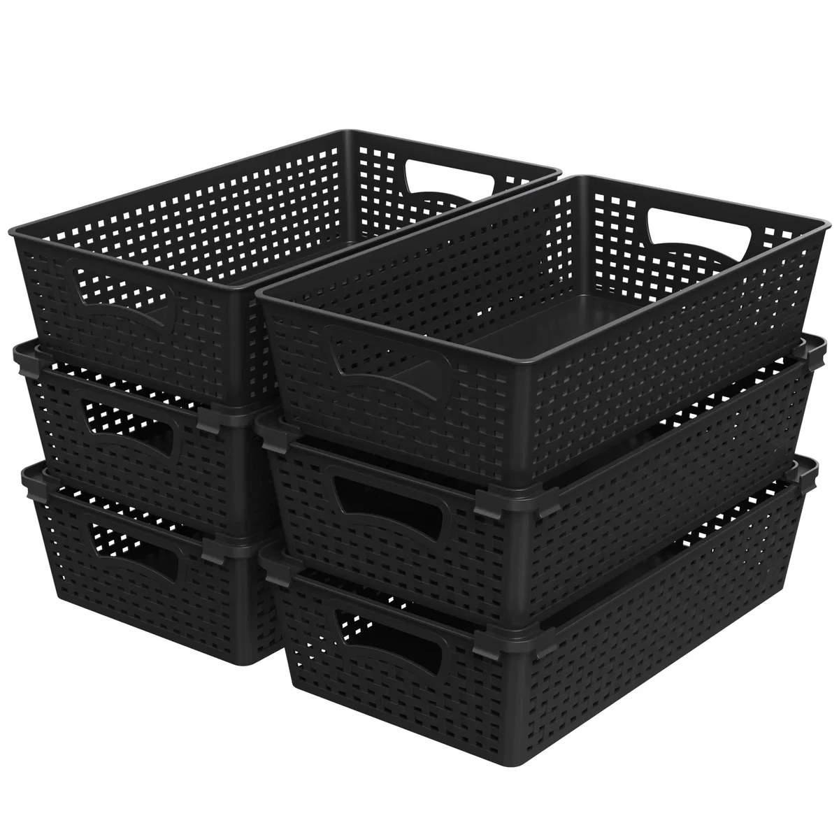 Six black rectangular woven plastic storage baskets with side handles, stacked together