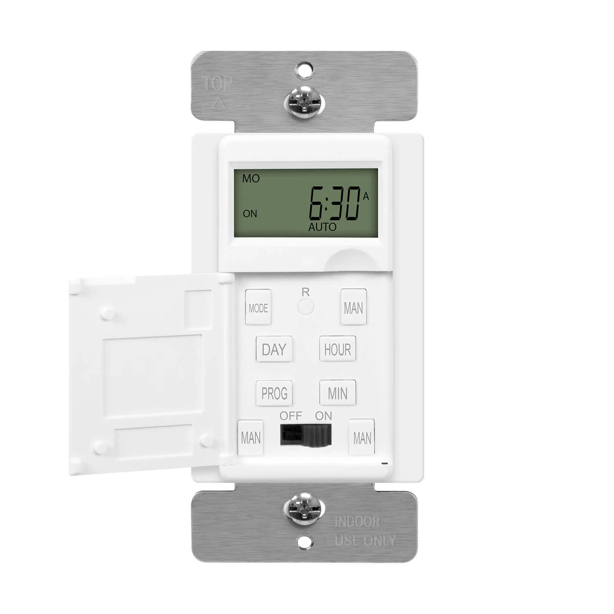 White rectangular in-wall timer switch with push buttons and digital display