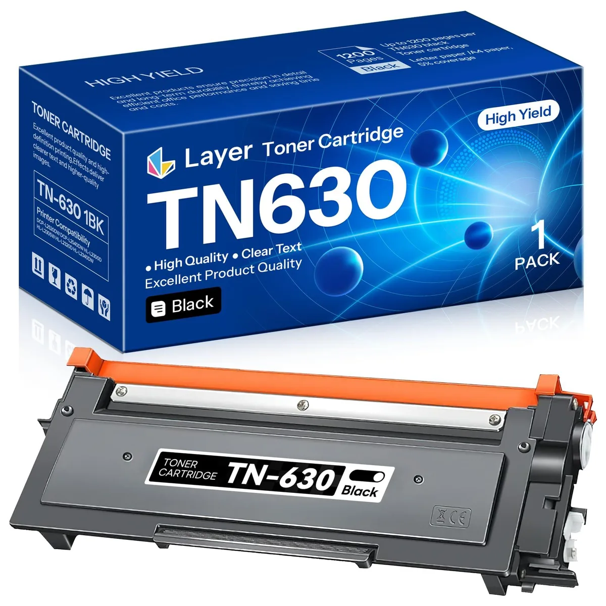 Black toner cartridge in rectangular plastic housing with brand label