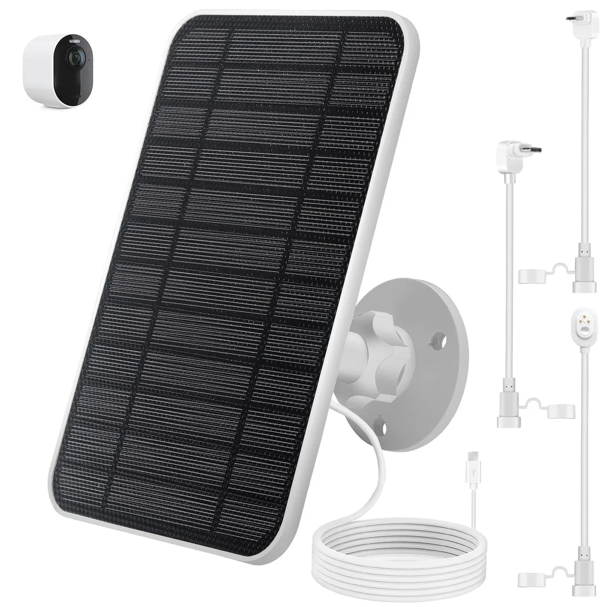 Flat black rectangular solar panel about 8.4 by 7 inches with a short cable and swivel mount