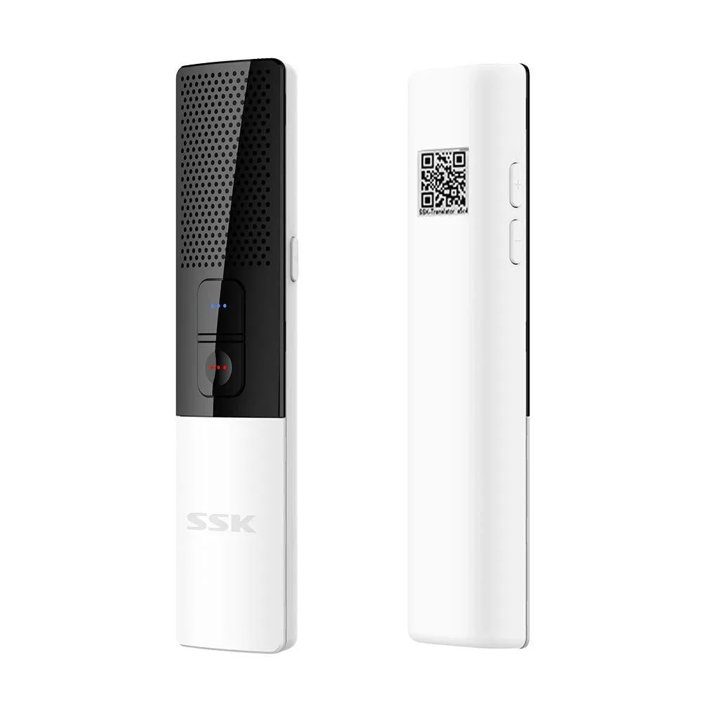 Small white handheld translator device with rounded edges and a single button