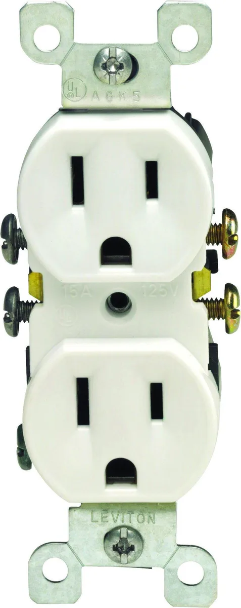 White residential-grade duplex receptacle, 10-pack, shallow design with brass terminals