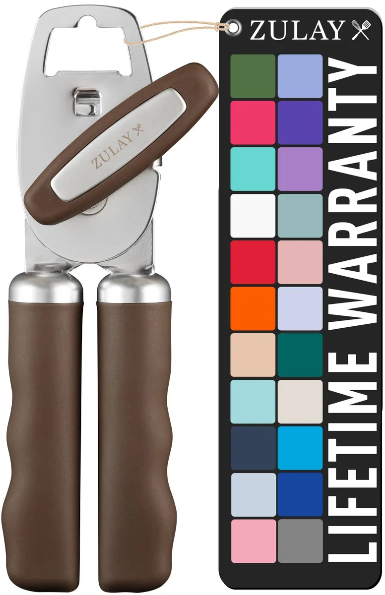 Manual stainless steel can opener with brown soft-grip handles and turn knob