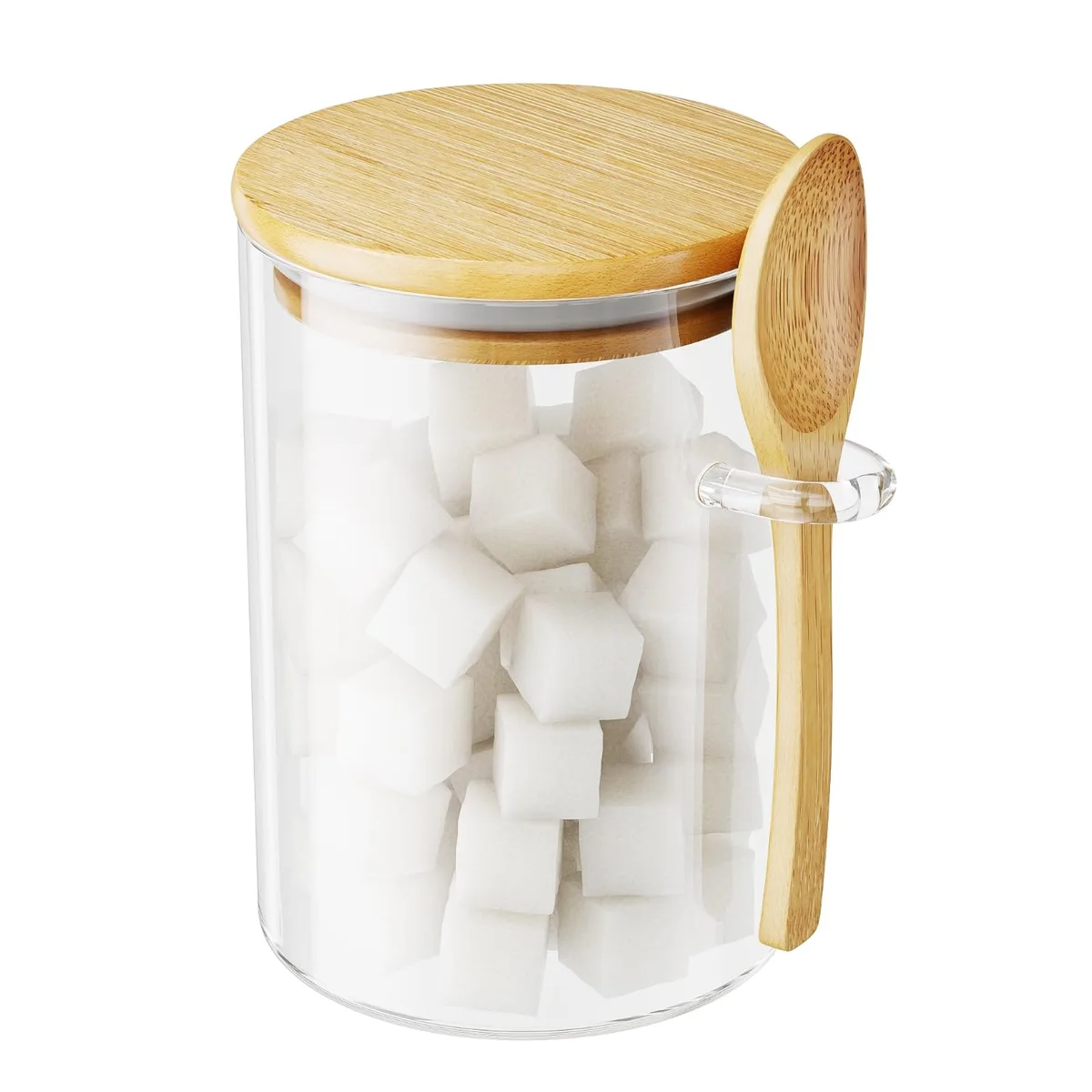 Clear glass jar with bamboo lid and spoon