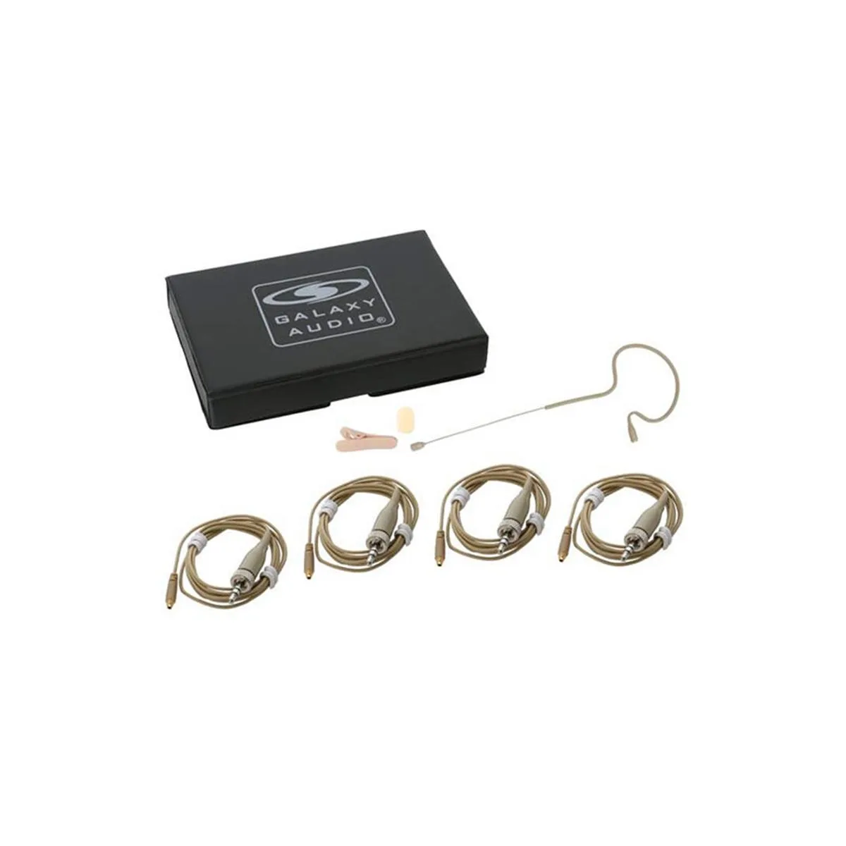 Beige single-ear headset microphone with flexible boom and four connector cables