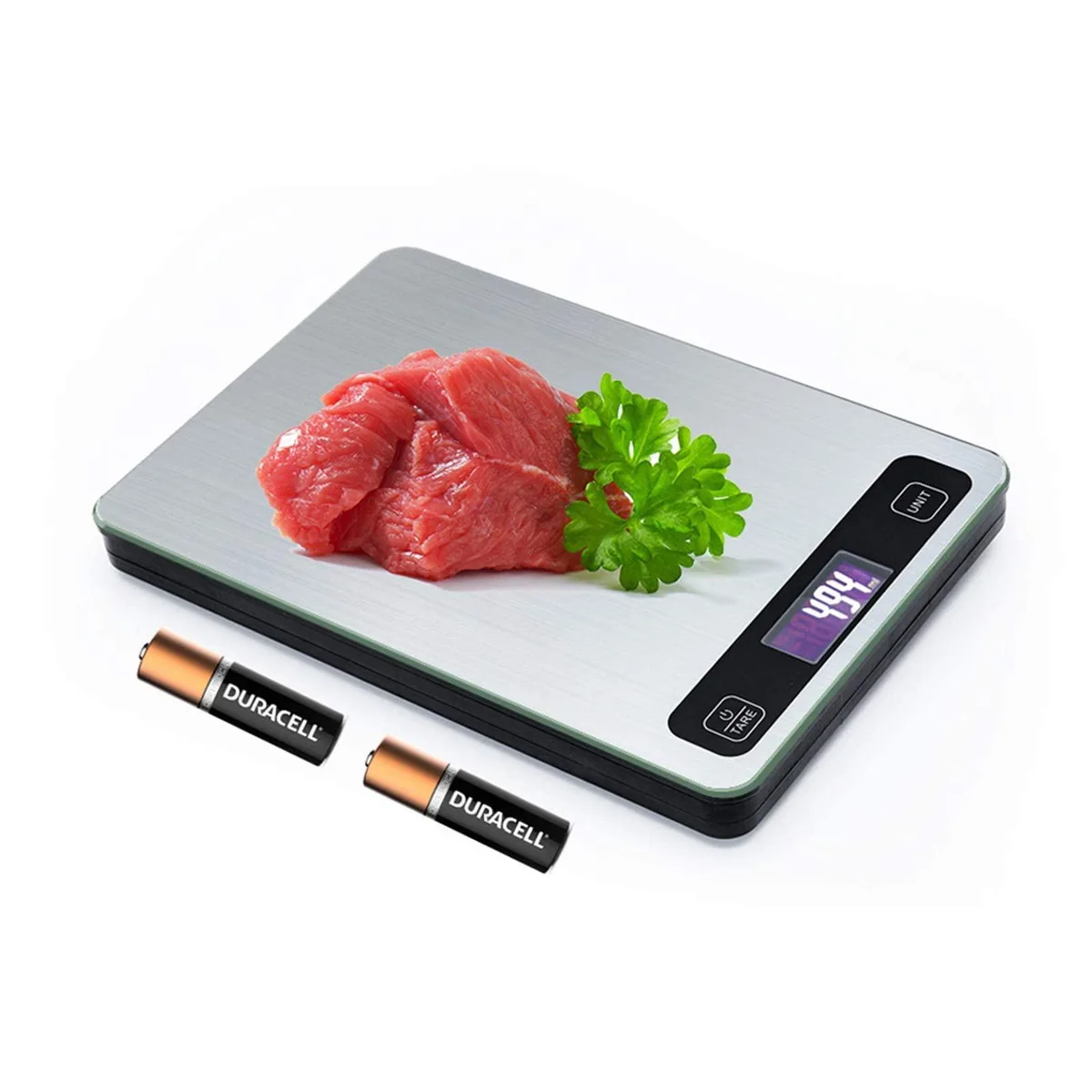 Rectangular silver stainless steel digital kitchen scale with LCD display and touch buttons