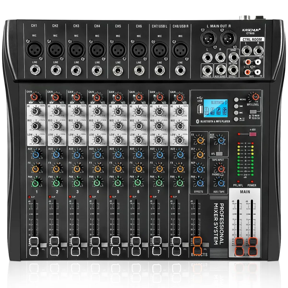  Kaschun 8 Channel Audio Mixer Bluetooth 48V Phantom Power USB — product photo