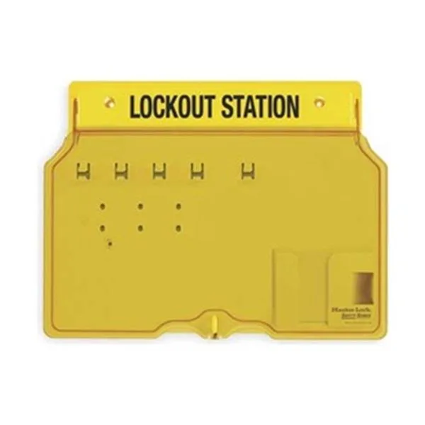 Yellow wall-mounted lockout station with clear lockable cover, 12 in high, 1.75 in deep