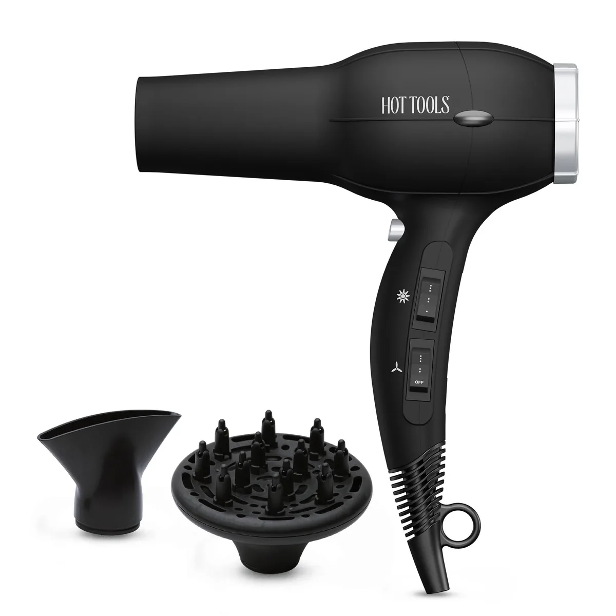 Black hair dryer with rubberised grip and concentrator nozzle