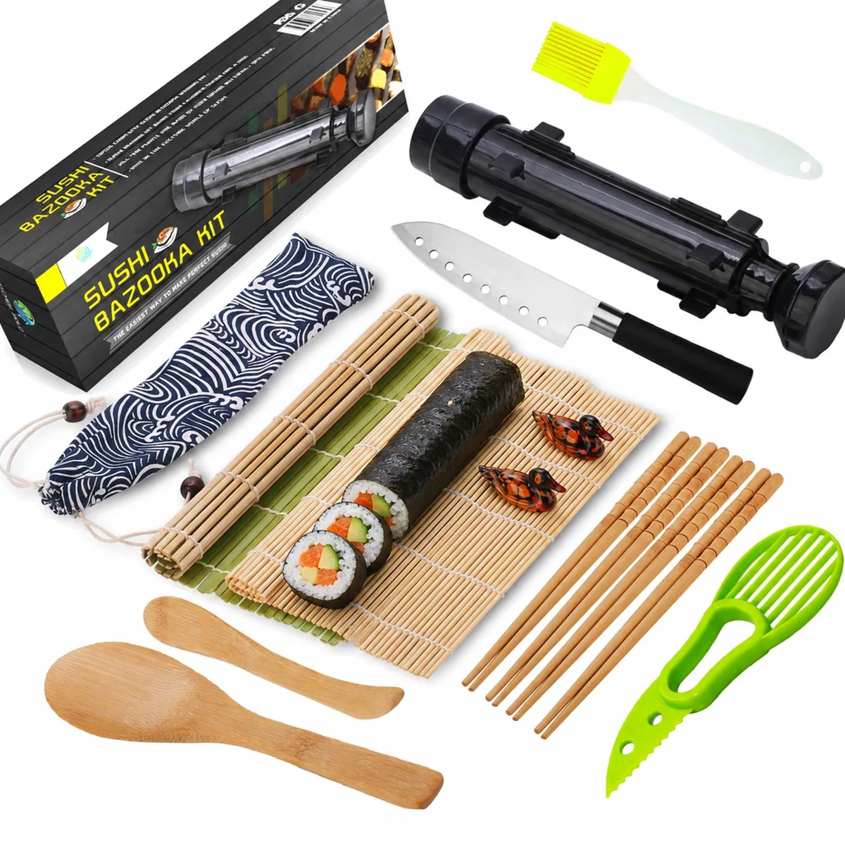 A 15-piece sushi kit with bazooka roller, two bamboo mats, knife, paddle, spreader, avocado slicer, four chopsticks, two rests