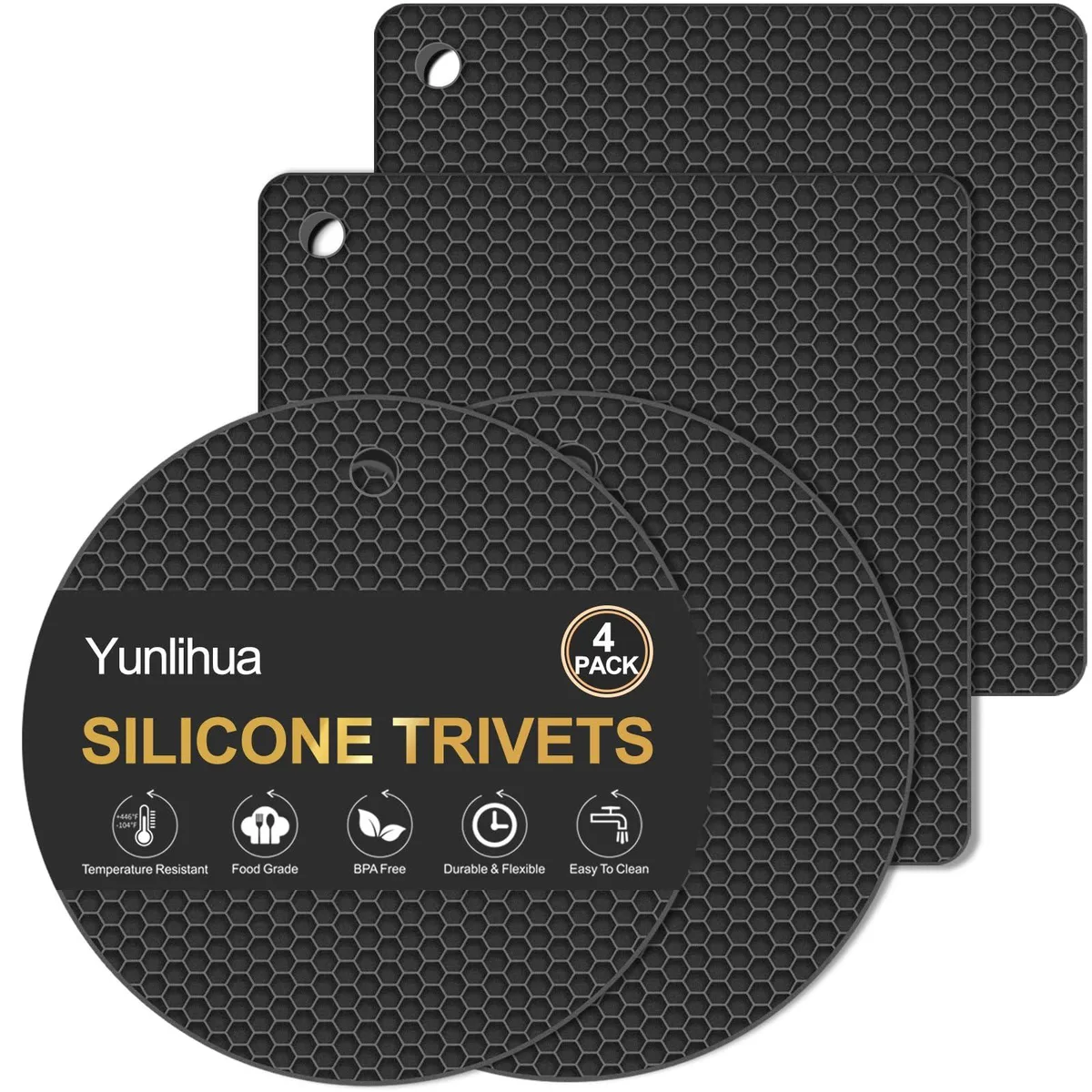 Four black silicone trivet mats, square and round, honeycomb texture