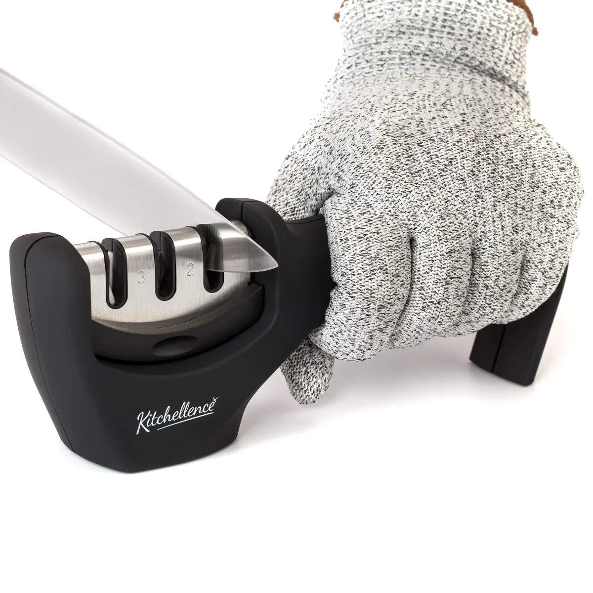 Black 7-piece cutlery set with 3-stage sharpener and cut-resistant glove
