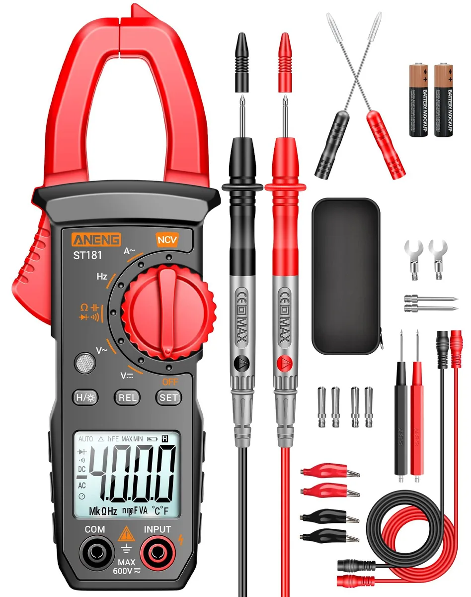 ANENG ST181 digital clamp meter with black LCD display and open jaws