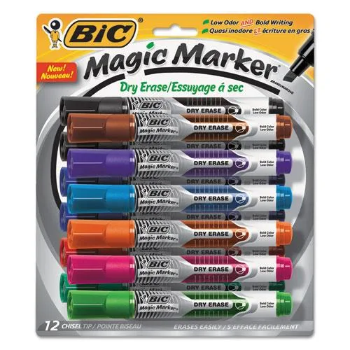 Box of twelve BIC dry erase markers, chisel tips, assorted colours