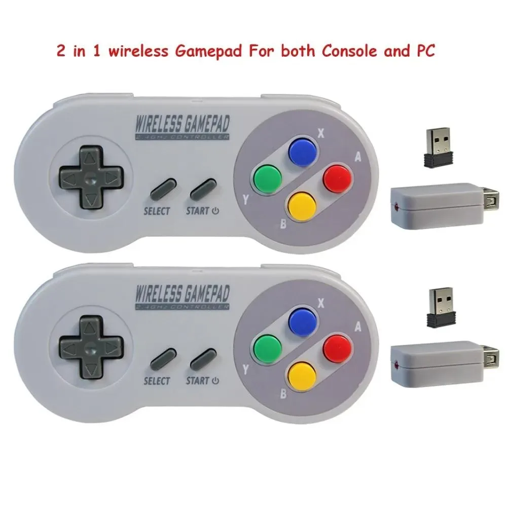 Compact wireless gamepad with two USB receivers and a micro-USB charging cable