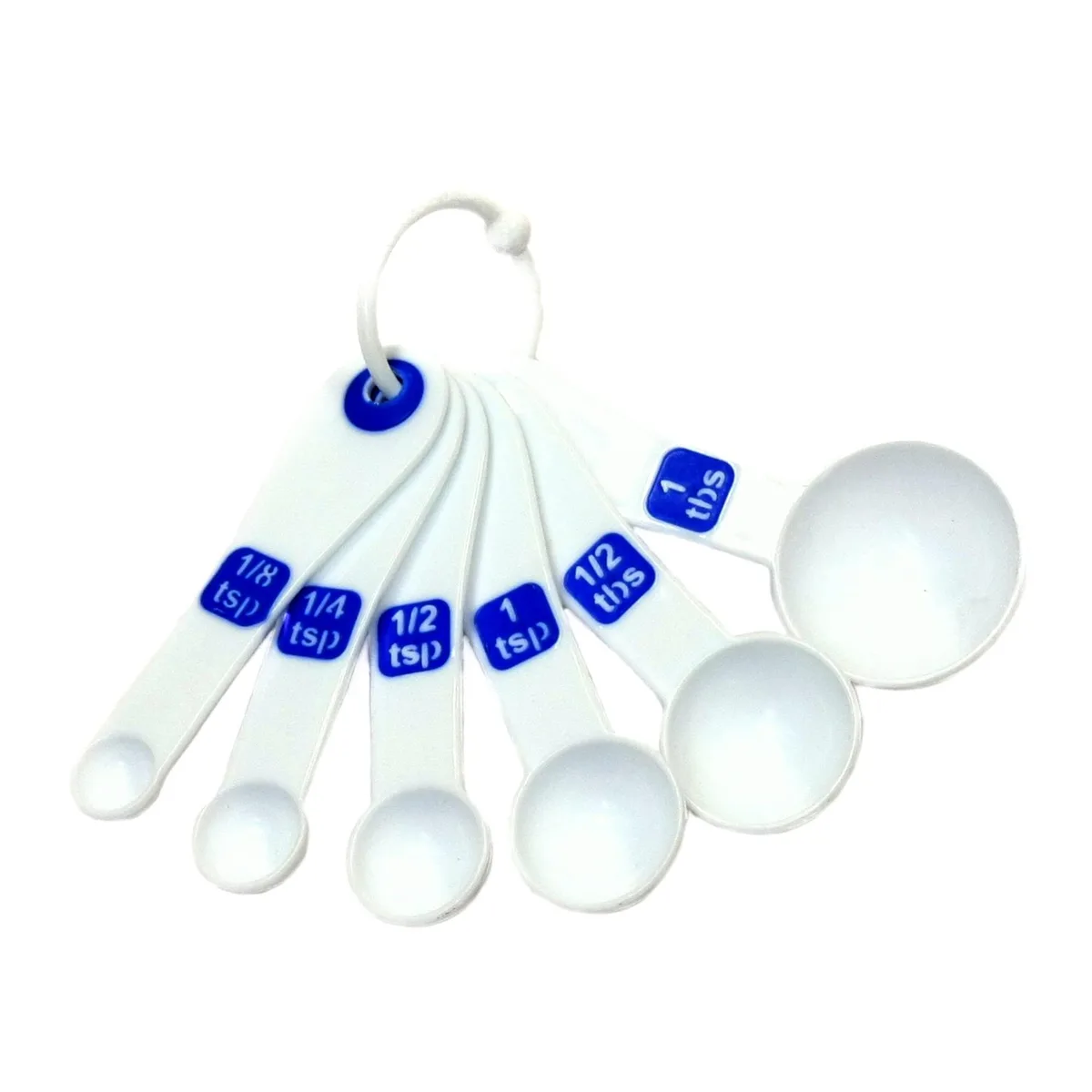 White and blue plastic measuring spoon set with six spoons on a ring