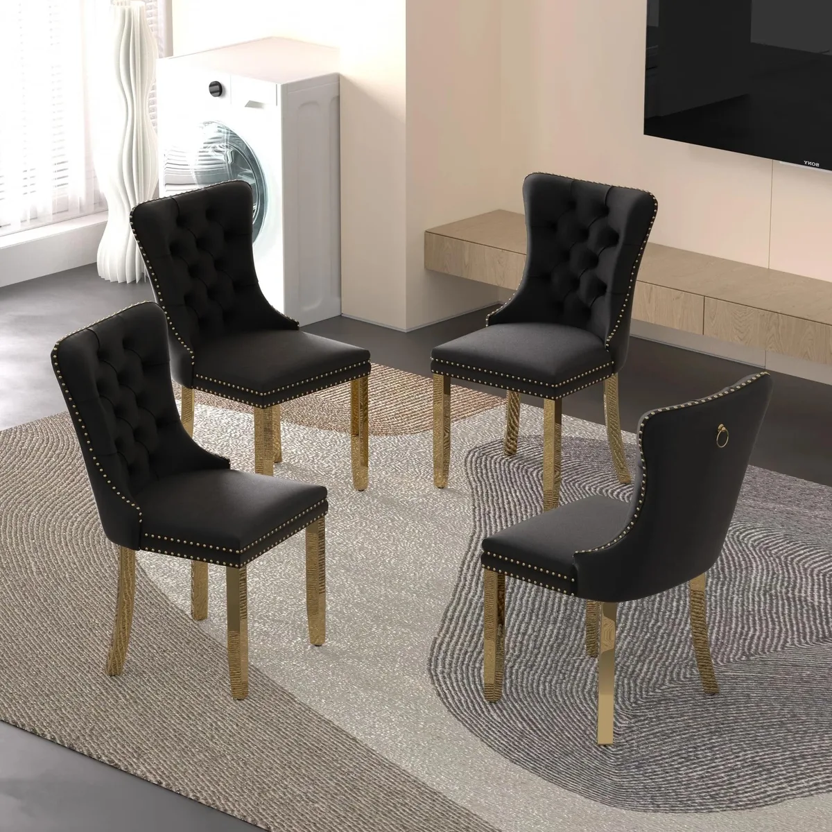 Sumdeal Sumdeal Velvet Dining Chairs Set of 4 Black with Golden Leg — product photo