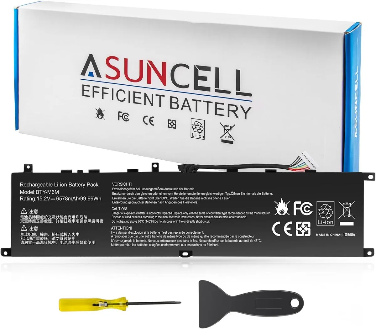 Black rectangular laptop battery with label showing 53Wh 15V 4-cell