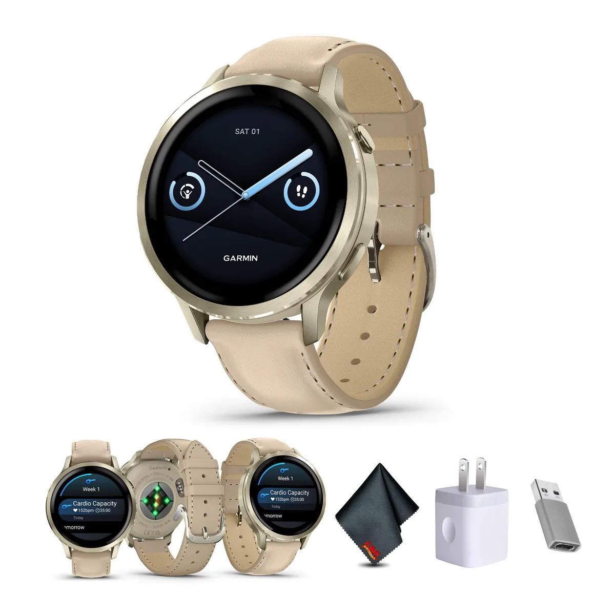 Garmin Garmin Venu 4 41mm Lunar Gold Light Sand Leather Band wearable technology — product photo