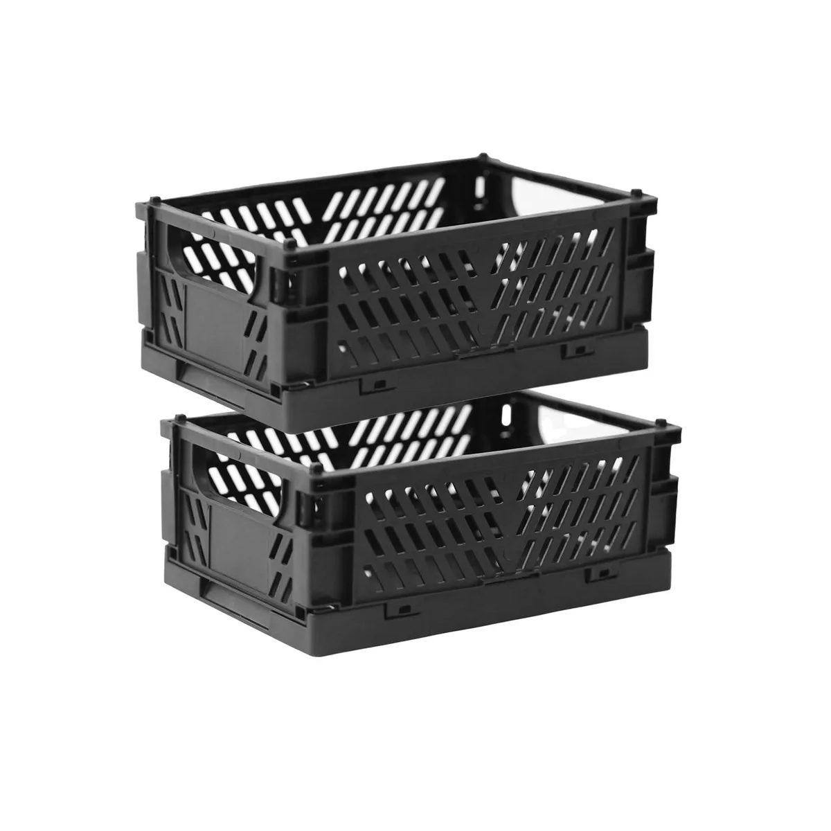 Two black foldable plastic boxes with handles, shown stacked and collapsed flat