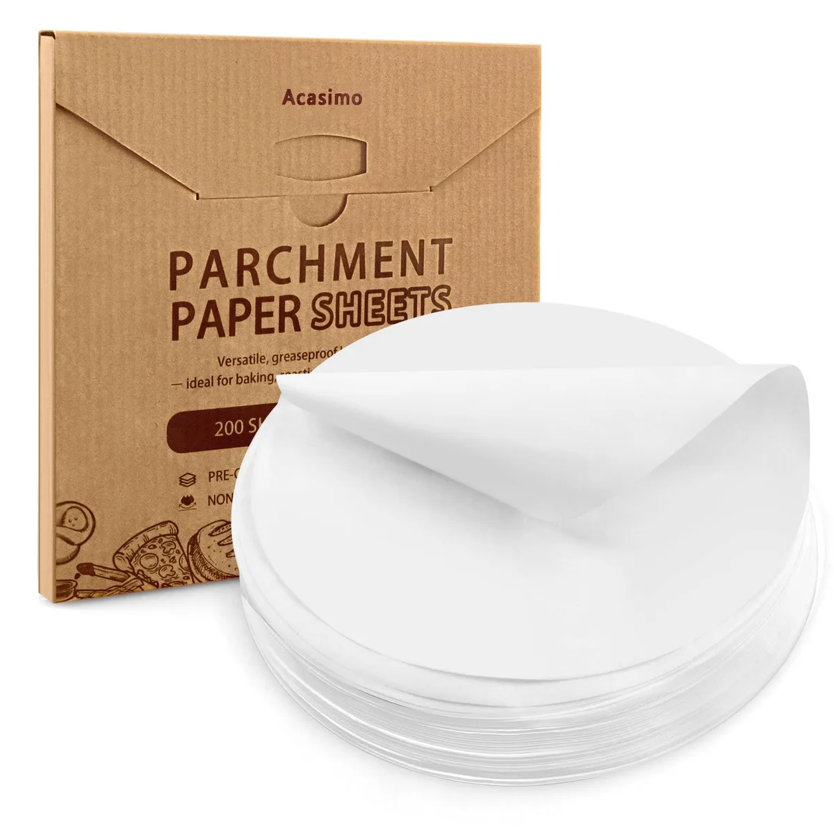 A stack of 200 white round parchment sheets, 10 inch diameter, in a box