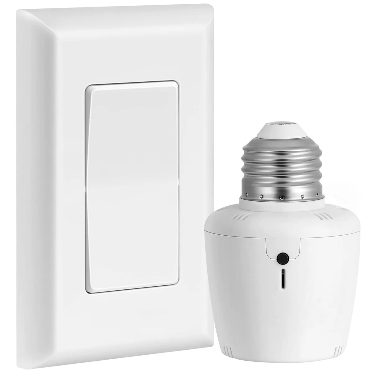White wireless light socket with handheld remote, E26 E27 base, wall-mount switch included
