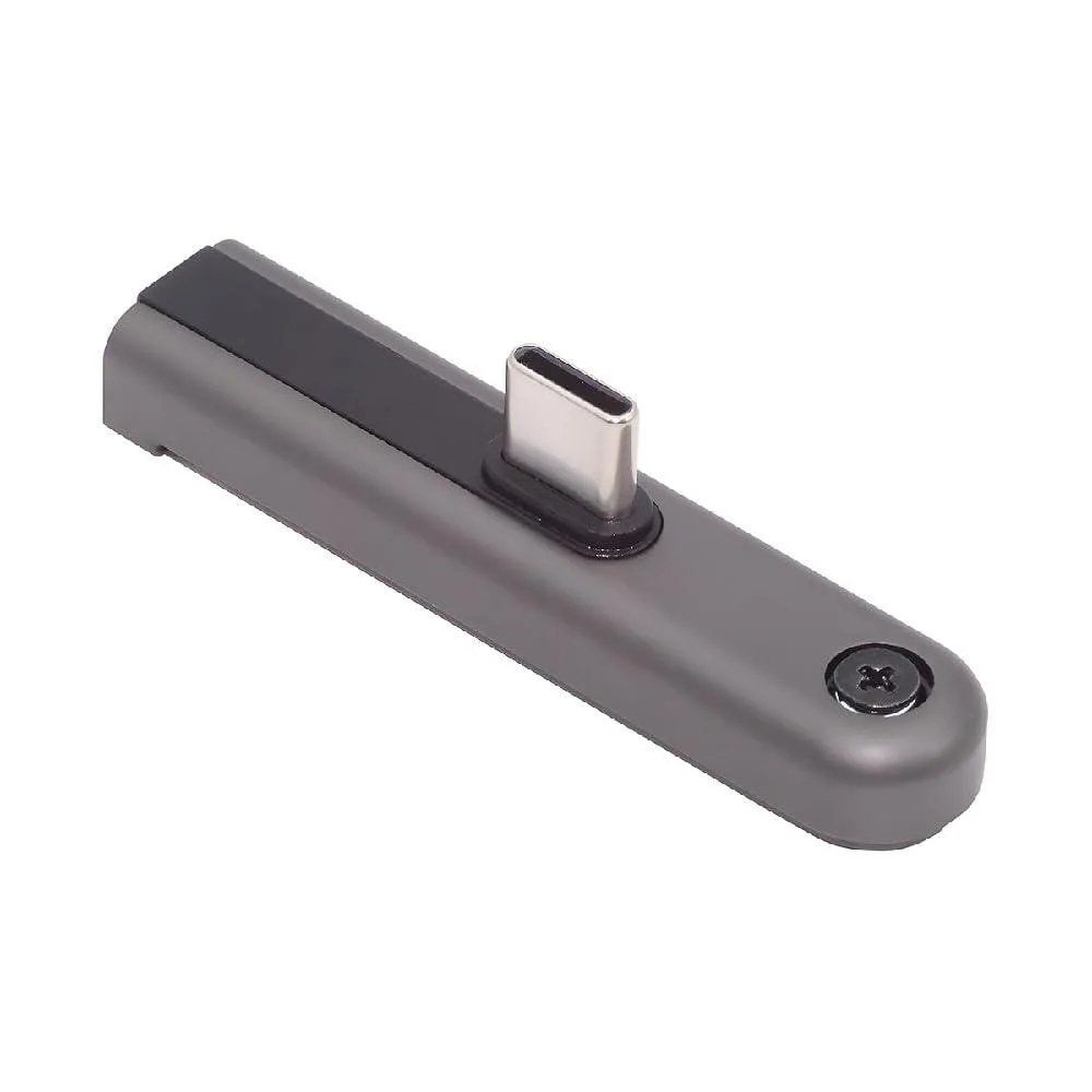 A compact USB-C adapter with a foldable metal stand and 90-degree angled connector