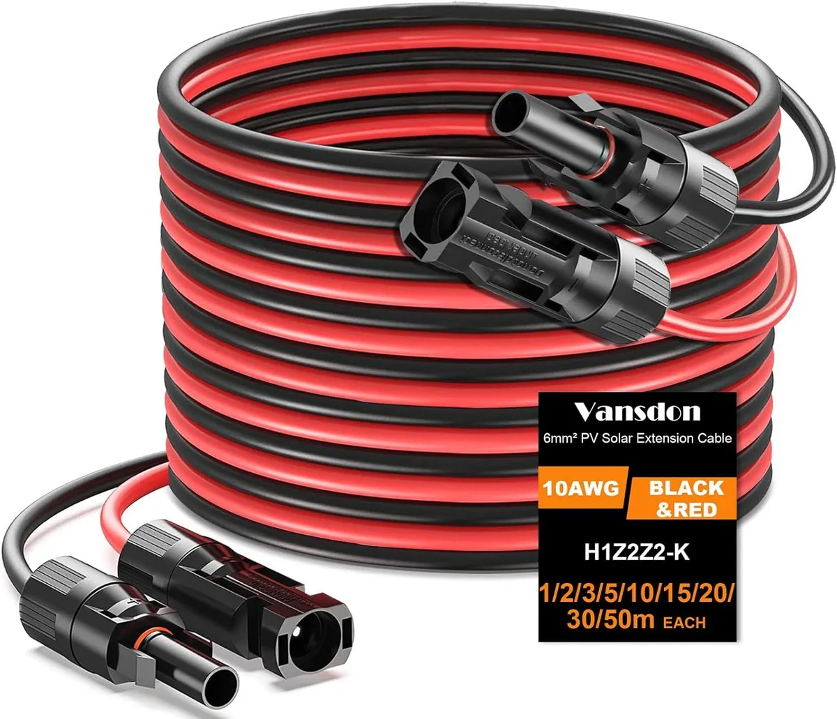 Pair of red and black 10 AWG solar cables with MC4 connectors, 10 ft each