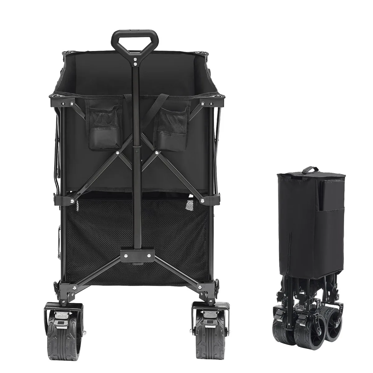 Foldable double-decker wagon with iron frame, 600D PVC Oxford fabric, all-terrain PVC wheels and 52 inch extender