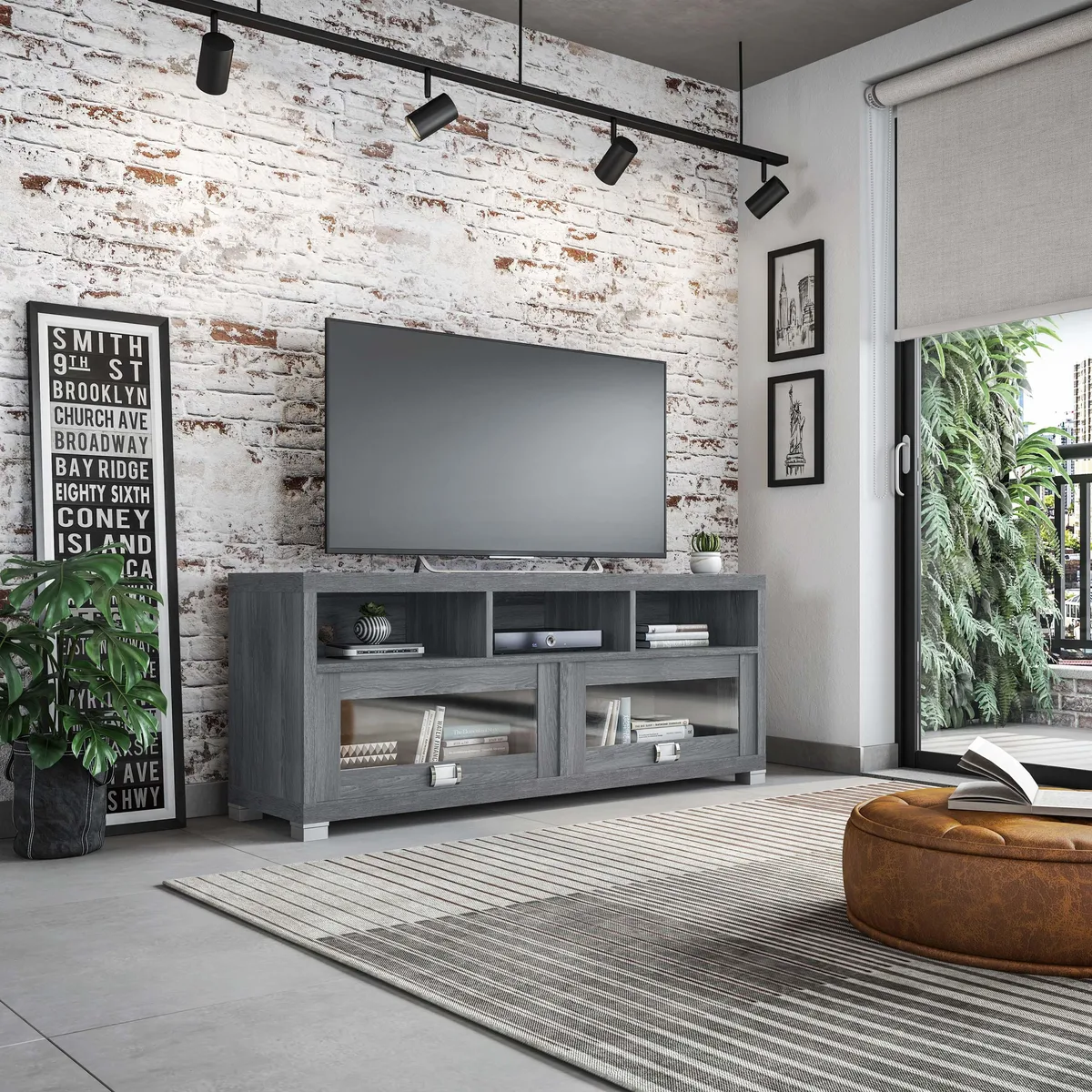 Grey engineered wood TV stand, 58 inches wide, two glass-front cabinets, three open shelves