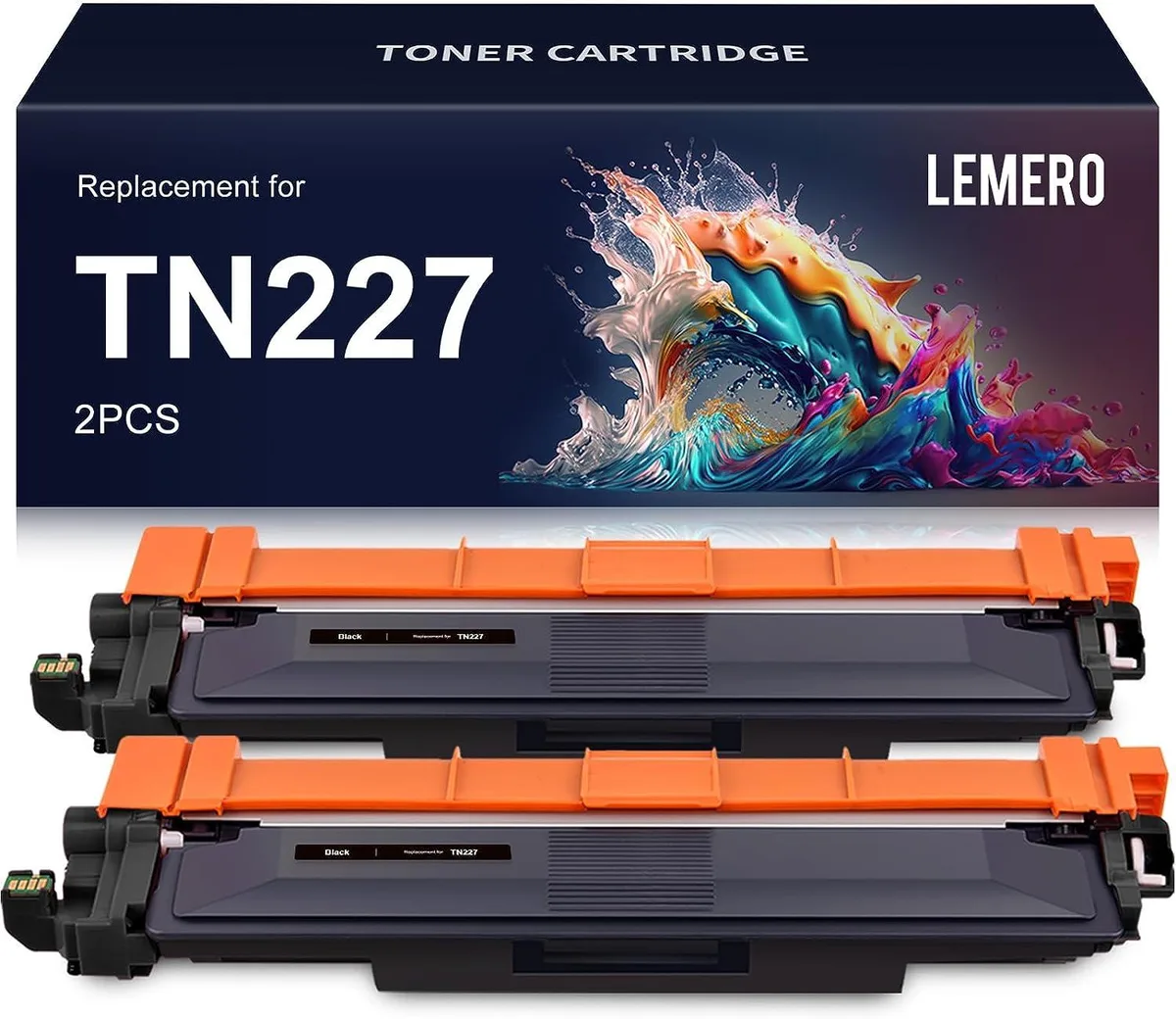 Two black toner cartridges in white boxes side by side