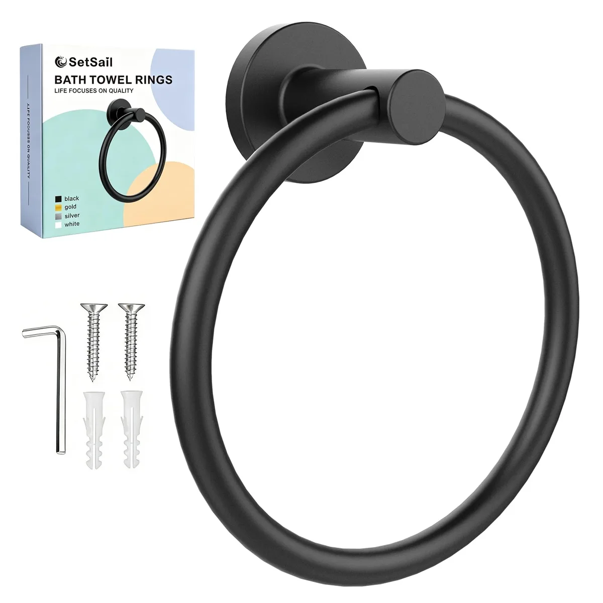 Matte black stainless steel towel ring with circular open form