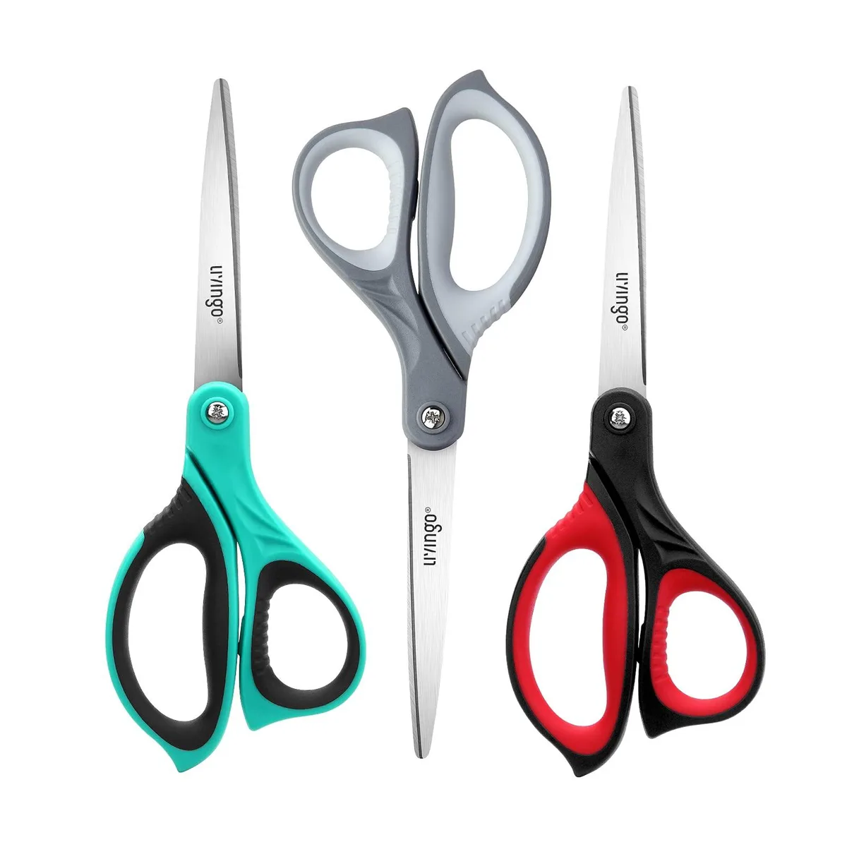 Three 8.5 inch stainless steel scissors with blue and red plastic handles