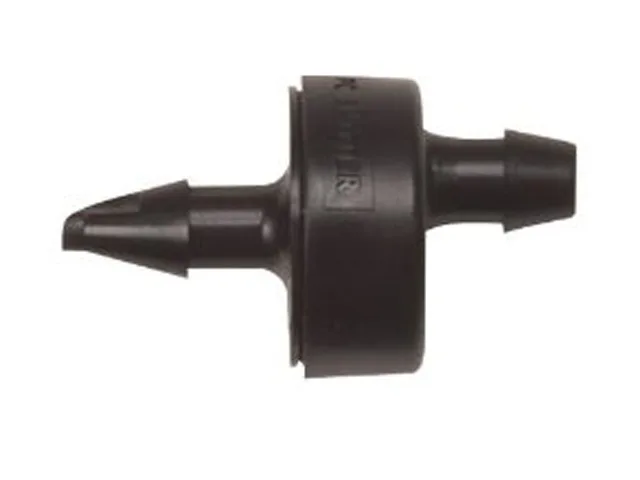 Ten black button emitters on a hang tag, barbed ends for quarter or half inch tubing
