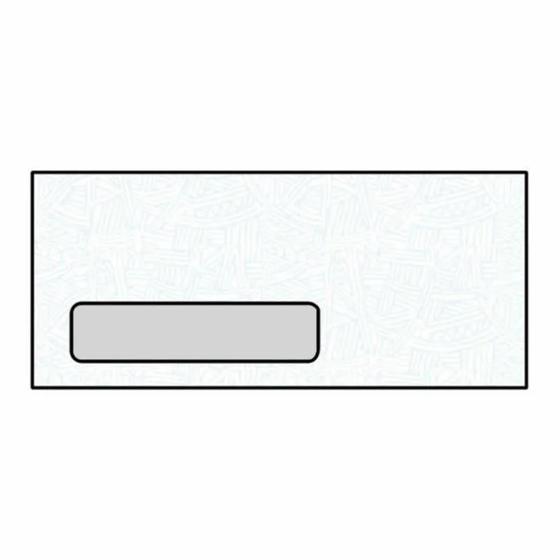 Box of 500 white #10 envelopes with blue security tint and poly window
