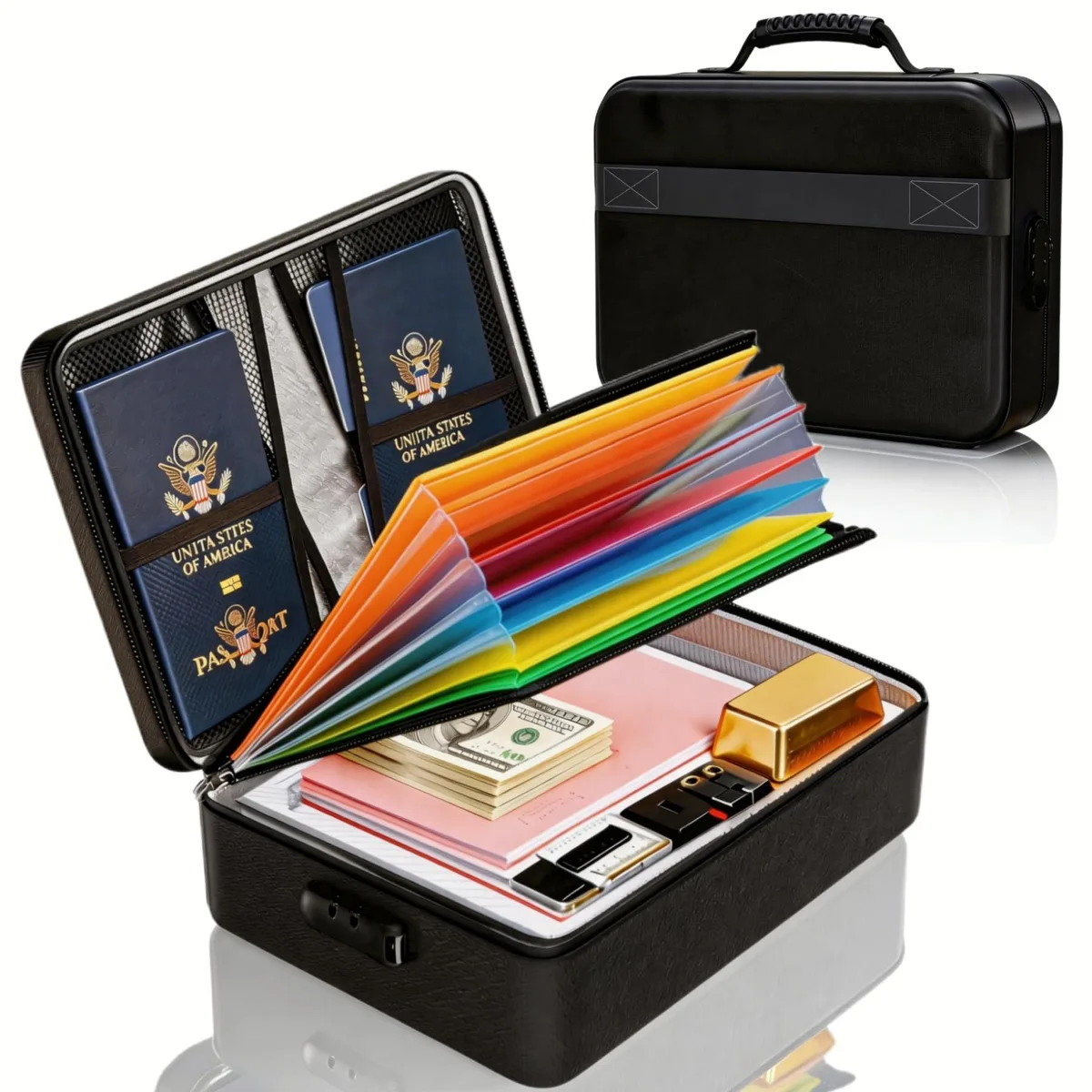 Black soft-shell fireproof document box with combination lock and handle, 15 by 11 by 4.1 inches
