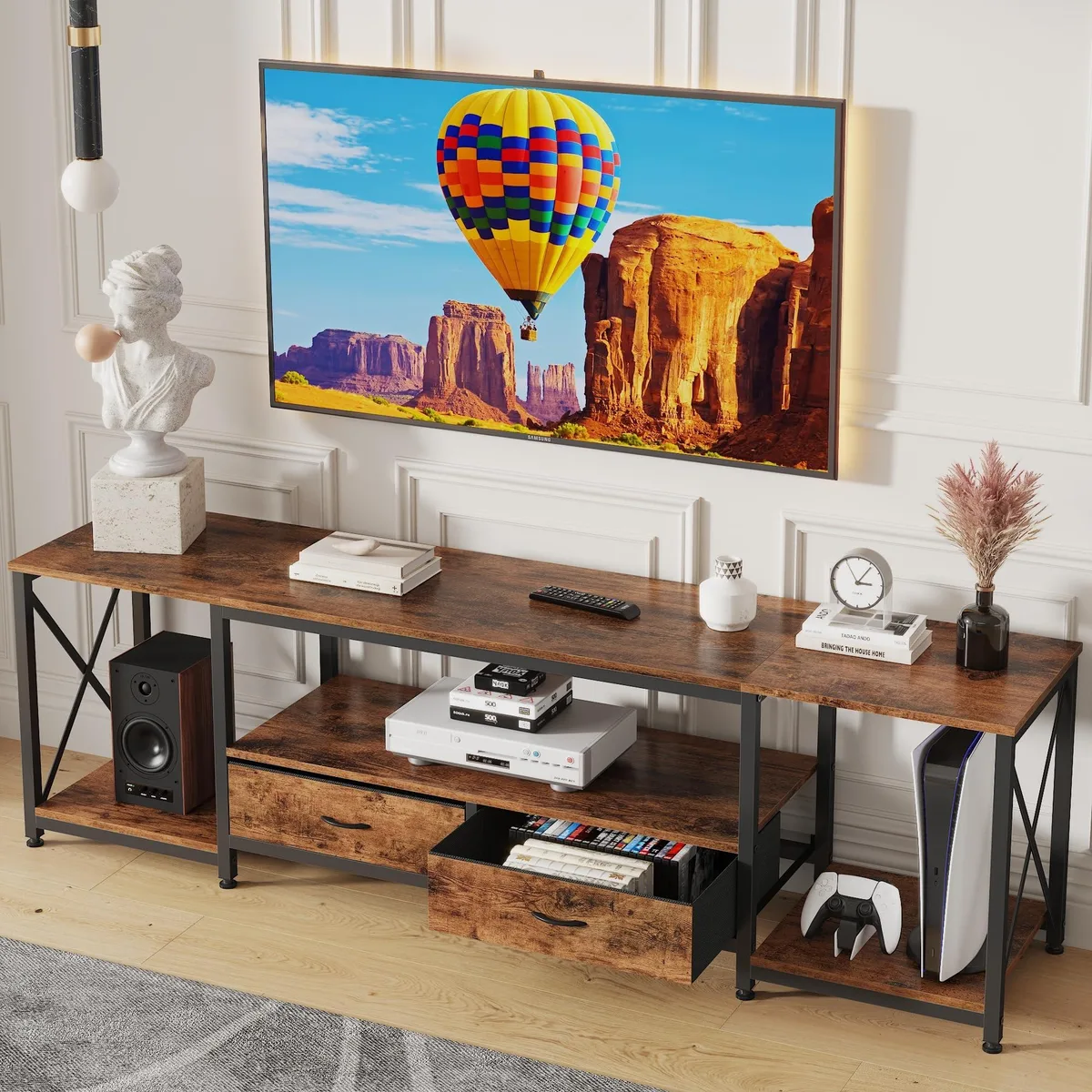 Rustic brown wooden TV stand, 55.1 inches wide, two fabric drawers, open shelves