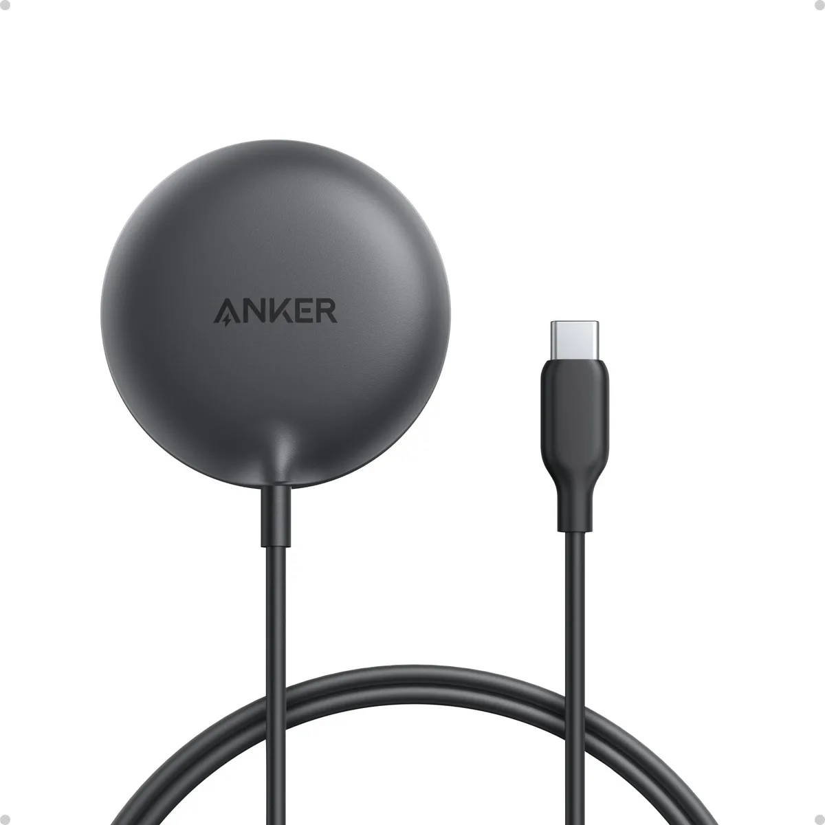Small white magnetic charging pad with 5 ft cable