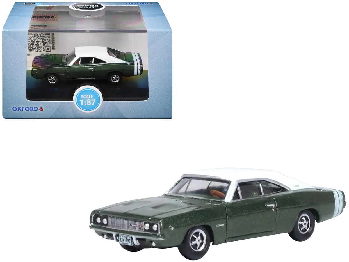 Oxford Diecast Oxford Diecast 1968 Dodge Charger Racing Green Metallic White Top Tail Stripe 1/87 HO hobby collectible — product photo