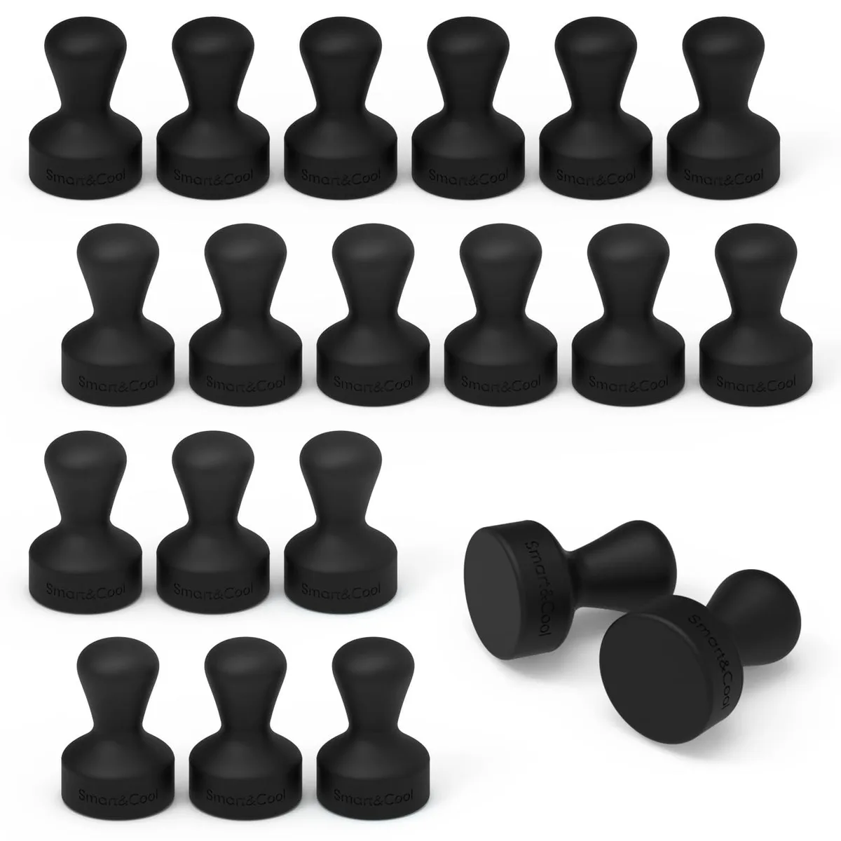 Twenty black silicone-encased round magnets on a fridge surface