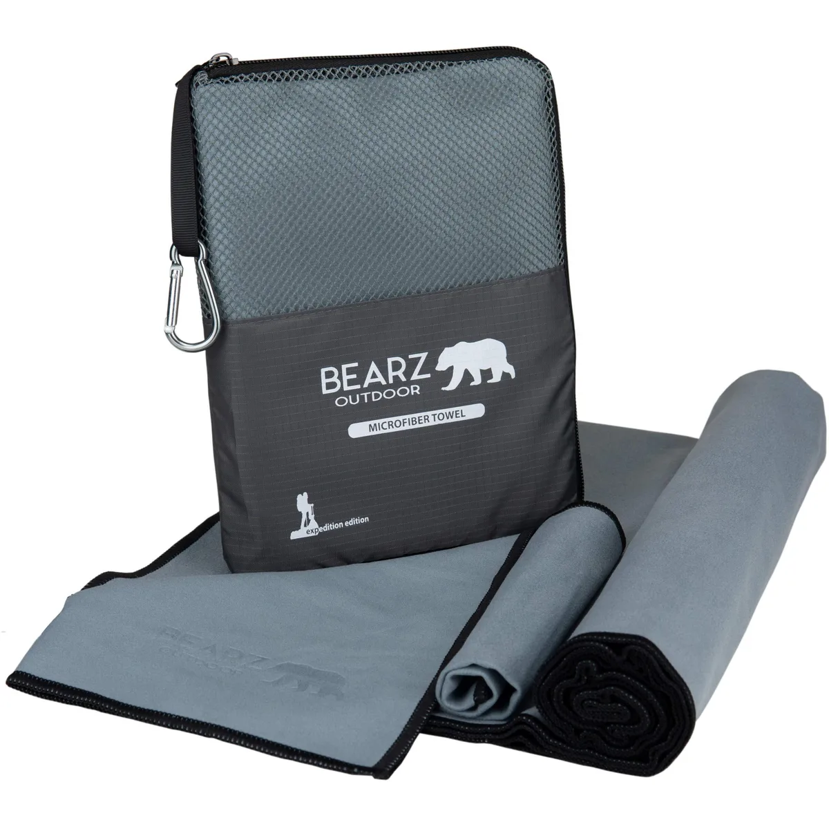 Two space gray microfiber towels with carry bag and face cloth