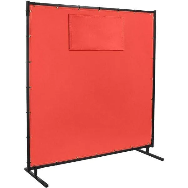 Red acrylic-coated fiberglass welding screen with clear window on tube frame