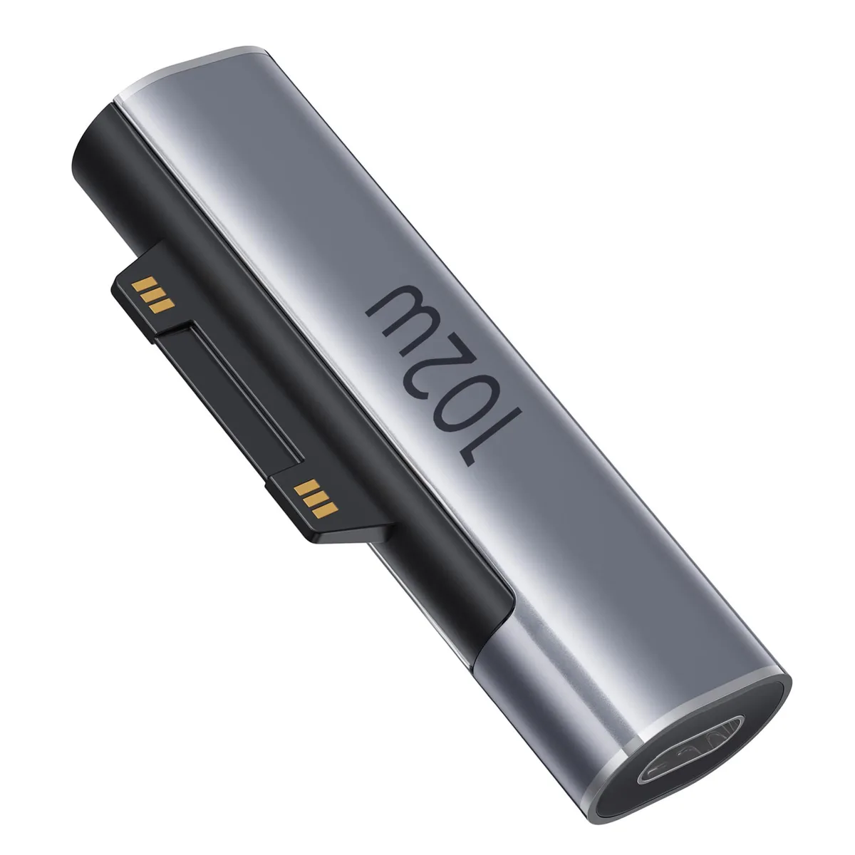 Grey rectangular adapter with magnetic Surface connector and USB-C port, LED indicator, aluminium casing