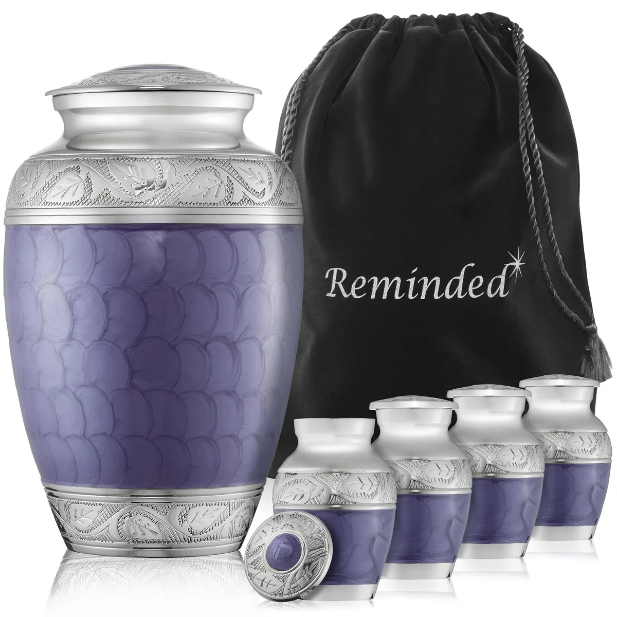 Reminded Reminded 5-Piece Etched Cremation Urn Set, Lavender, Brass Adult &amp; 4 Keepsake Tokens — product photo