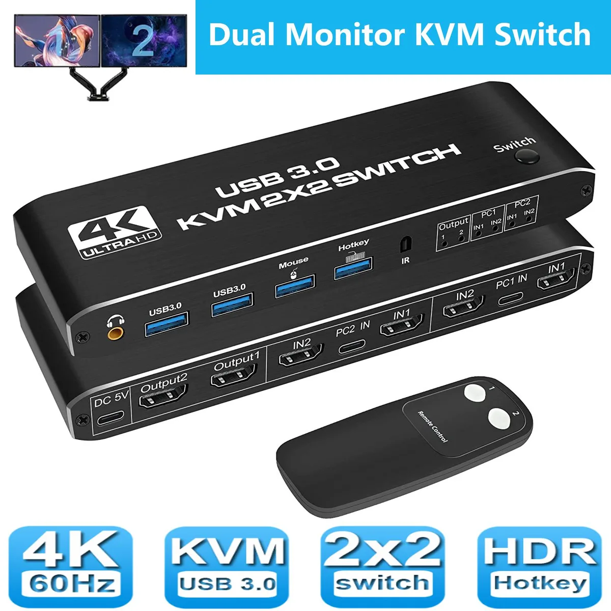 SMA SMA 2x2 HDMI USB 3.0 KVM Switch 4K 60Hz Dual Monitor — product photo