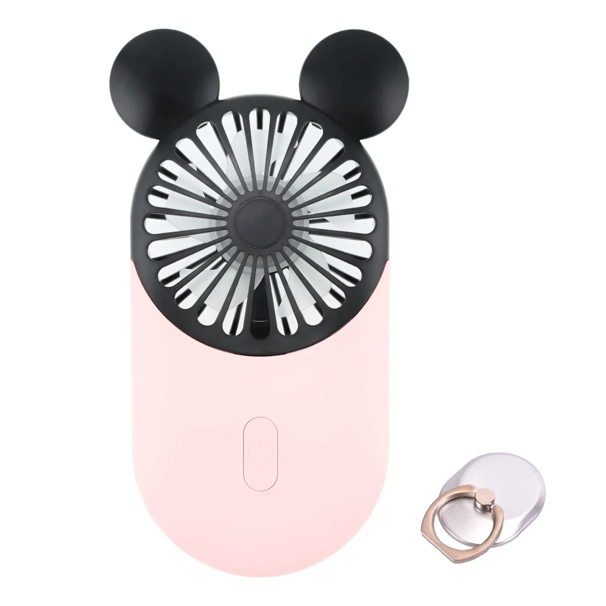 Silver handheld mini fan with five blades, button control, USB cord included