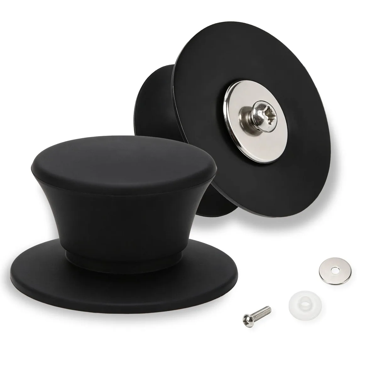 Two matte black silicone pot lid knobs with screws