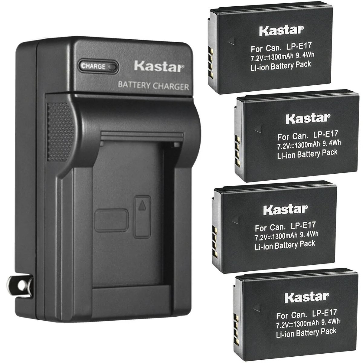 Four LP-E17 batteries and a foldable-plug AC wall charger